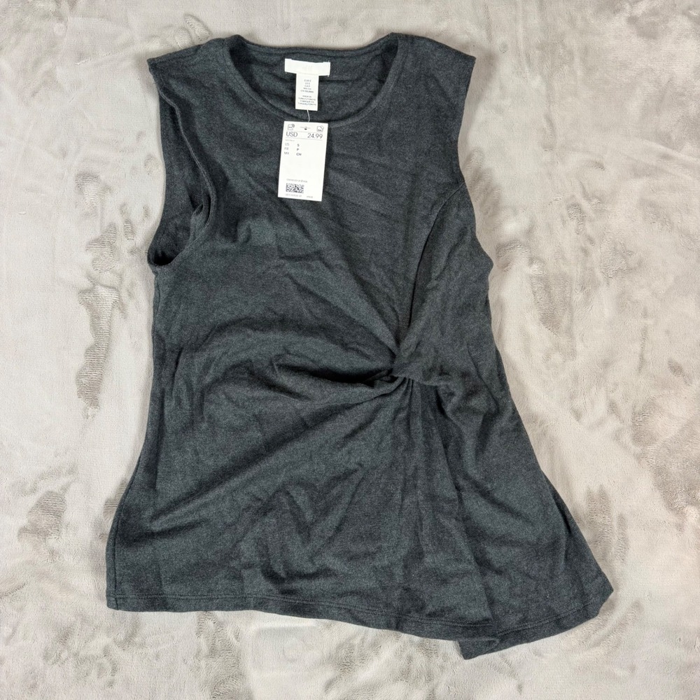 H&M Women Charcoal Grey Sleeveless Knot Front Asymmetrical Knit Top Small NWT